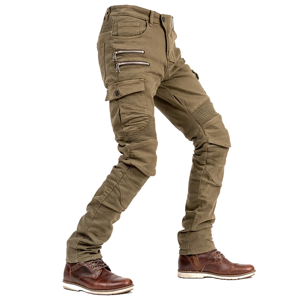 Men's motorcycle style zipper pants with fitted cut, stylish design, and cargo pockets in olive green.