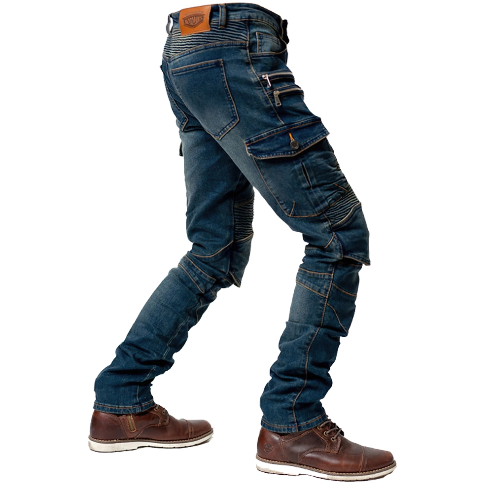 Stylish blue men's motorcycle zipper pants with fitted cut and trendy detailing for a fashionable motobiker look.