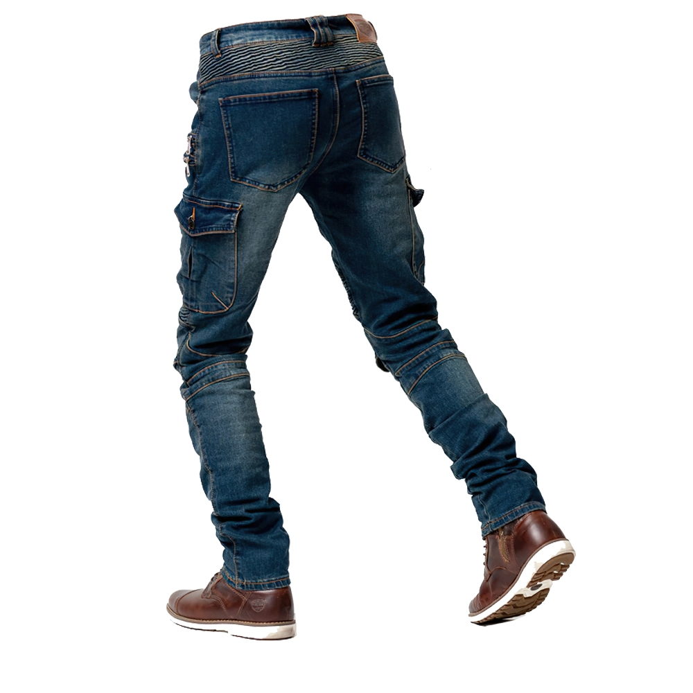 Stylish men's motorcycle zipper pants in blue denim with fitted cut, ideal for bikers and casual outings.