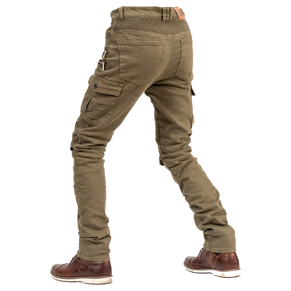 Men's fashionable motorcycle zipper pants in olive green, featuring stylish cargo pockets and fitted cut for comfort.