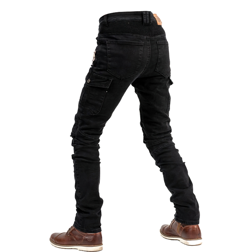 Stylish black motorcycle zipper pants for men, designed for comfort and a fitted look.