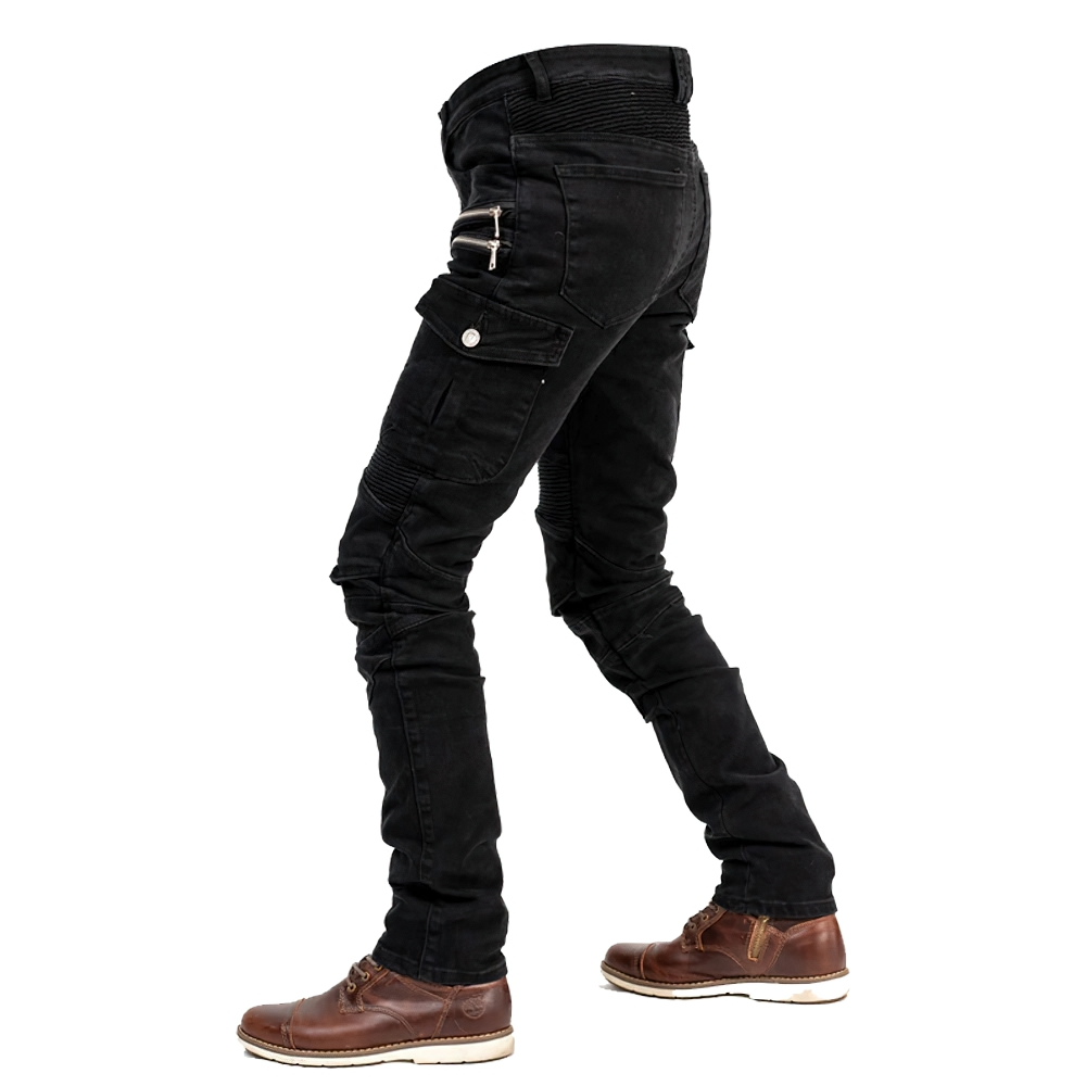 Stylish men's black motorcycle zipper pants with fitted cut and side pockets, perfect for bikers and casual wear.