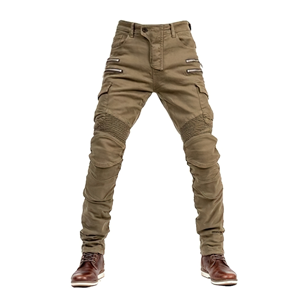 Men's fashionable motorcycle zipper pants in olive green with stylish zip inserts and a fitted cut for comfort.