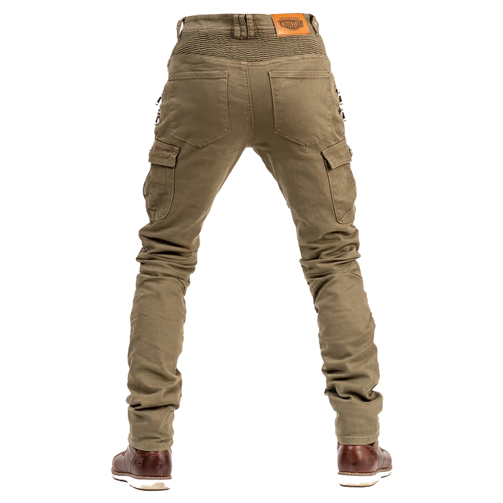 Back view of men's stylish motorcycle pants in olive green with fitted cut and zipper inserts.