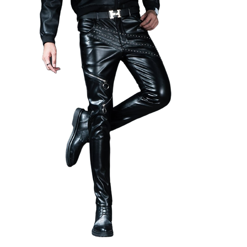 Fashion Male Skinny Biker Faux Leather Pants / Motorcycle Trousers For Men - HARD'N'HEAVY