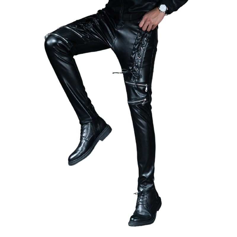 Fashion Male Skinny Biker Faux Leather Pants / Motorcycle Trousers For Men - HARD'N'HEAVY
