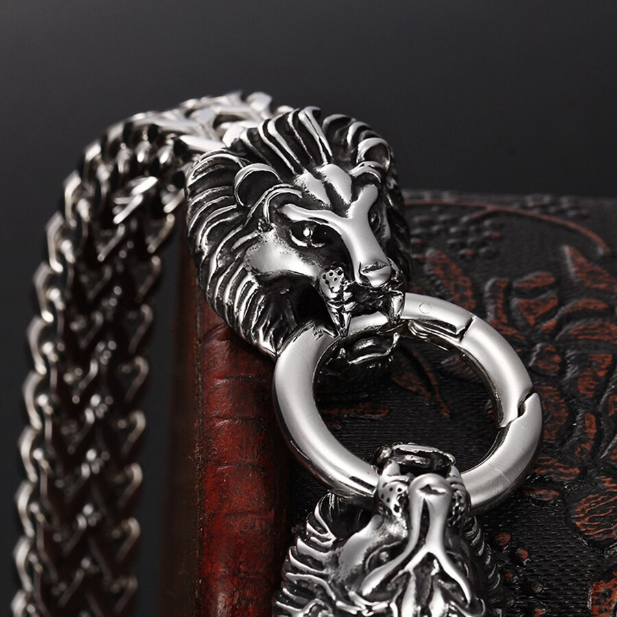 Thick stainless steel punk rock bracelet featuring a lion's head clasp and chain design, perfect for trendy unisex styles.