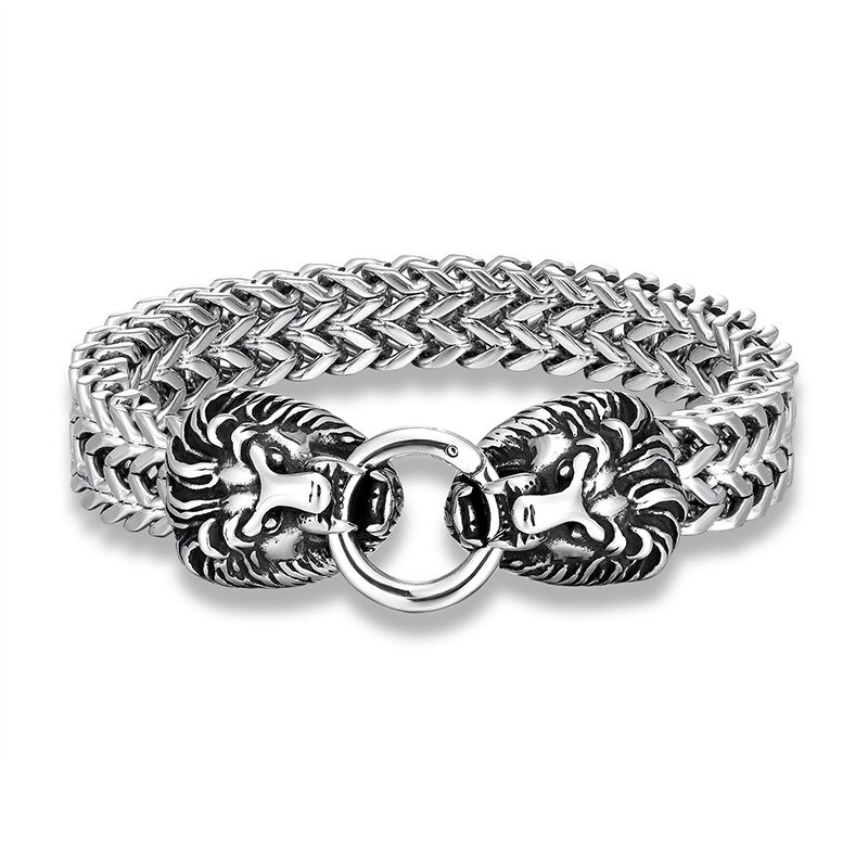 Punk rock style unisex stainless steel bracelet with lion head clasp, perfect for bold fashion statements.