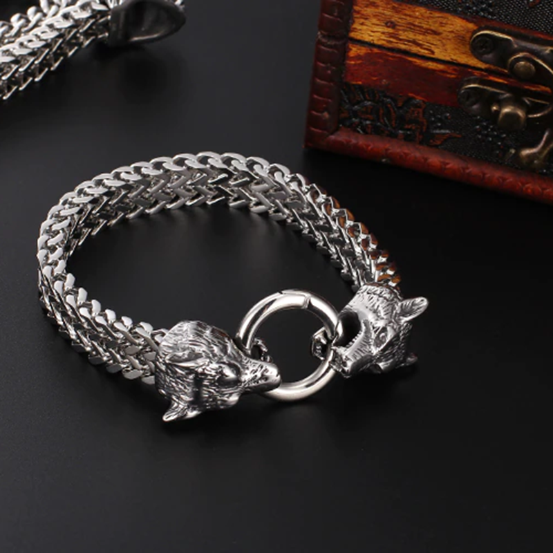 Punk rock stainless steel bracelet with wolf head locks, trendy chain jewelry accessory for stylish outfits.