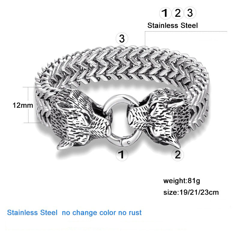Punk rock stainless steel bracelet featuring wolf head lock, stylish and bold accessory, available in multiple sizes.