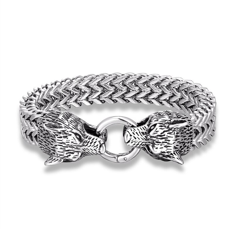 Fashion Male Thick Stainless Steel Bracelet with Head Wolf / Punk Rock Style Link Chain Jewelry - HARD'N'HEAVY
