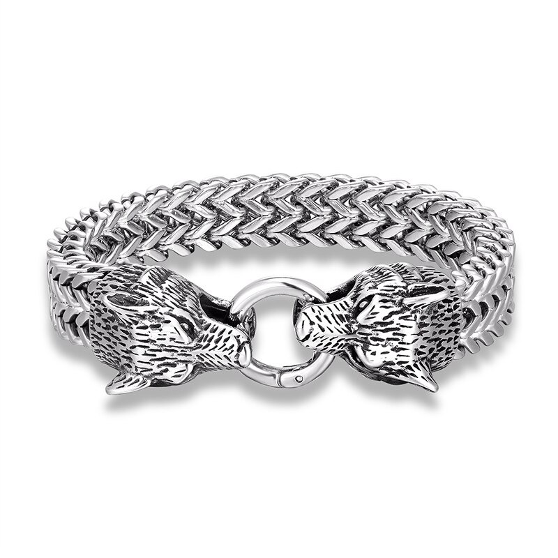 Silver punk rock stainless steel bracelet with wolf head clasp, perfect for edgy fashion lovers.