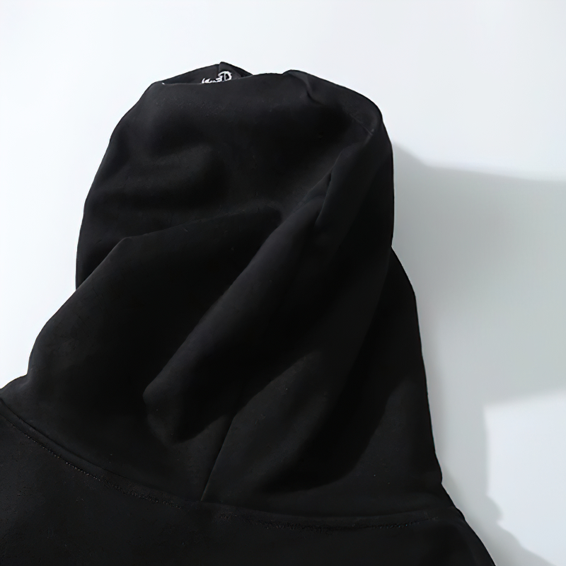 Black oversized hoodie back view featuring a stylish punk graphic and zipper design.