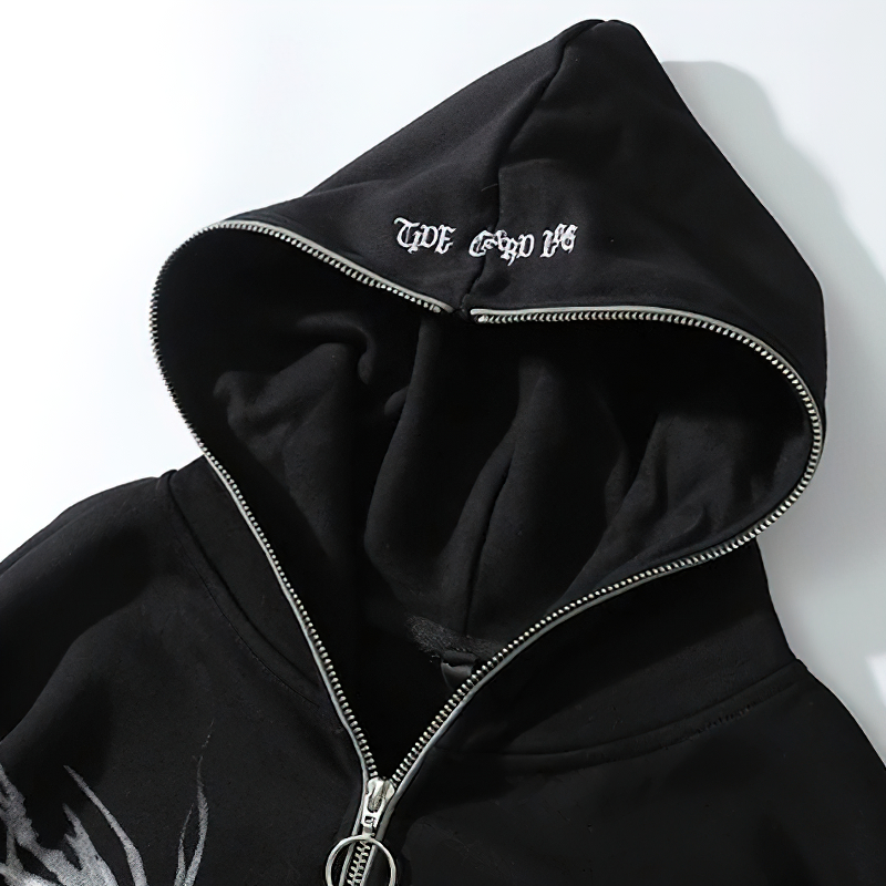 Black oversized zipper hoodie for men featuring punk style graphic print and cozy hood.