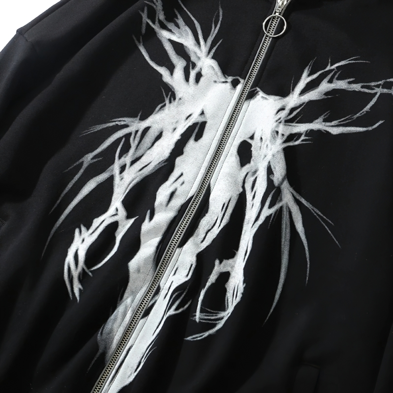 Oversized black men's hoodie with punk graphic print and zipper detail, featuring a striking white design.