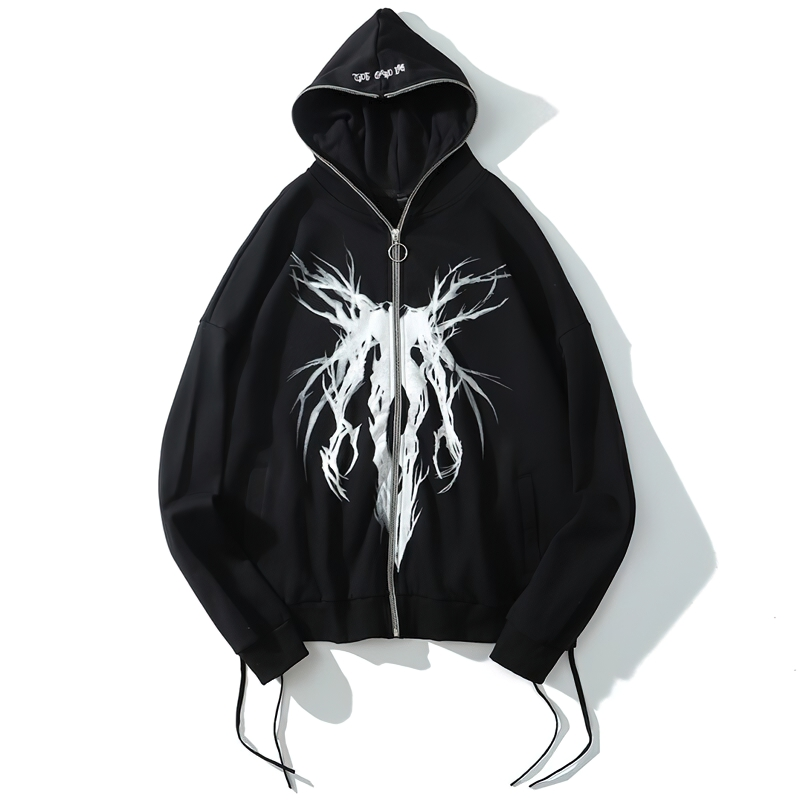 Fashion Male Zipper Hoodie with Punk Graphic Print / Casual Oversize Black Sweatshirt for Men - HARD'N'HEAVY