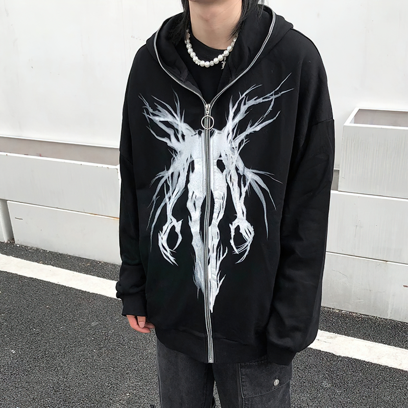 Oversized black zipper hoodie for men featuring a striking punk graphic print for a bold fashion statement.