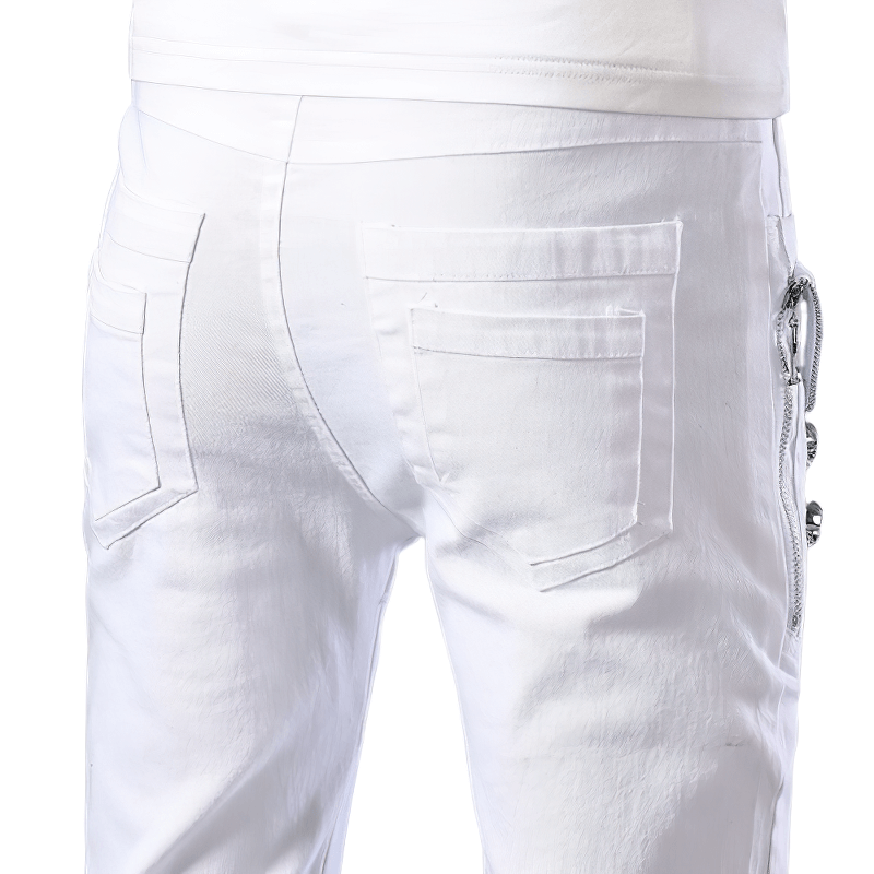Fashion Male Zipper White Jeans / Lightweight Elastic Slim Fit Denim Pencil Pants for Men