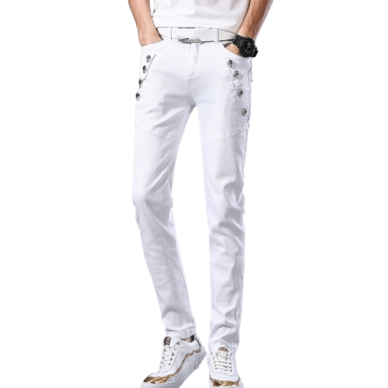Fashion Male Zipper White Jeans / Lightweight Elastic Slim Fit Denim Pencil Pants for Men