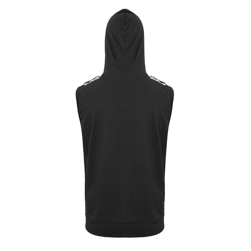 Fashion Men's Black Zipper Sleeveless Hoodie / Gothic Male Clothing with Patent Leather and Skulls