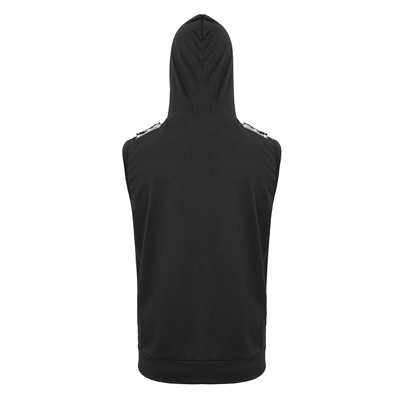 Men's black sleeveless hoodie with patent leather detail and skull design, perfect for gothic fashion enthusiasts.