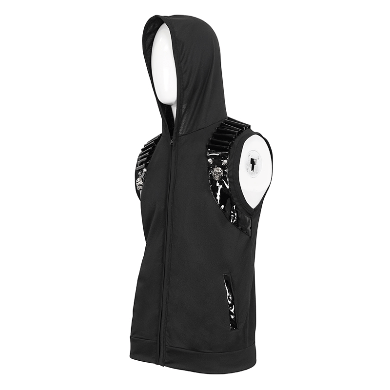 Men's black sleeveless hoodie featuring patent leather details and skull design, perfect for gothic fashion enthusiasts.