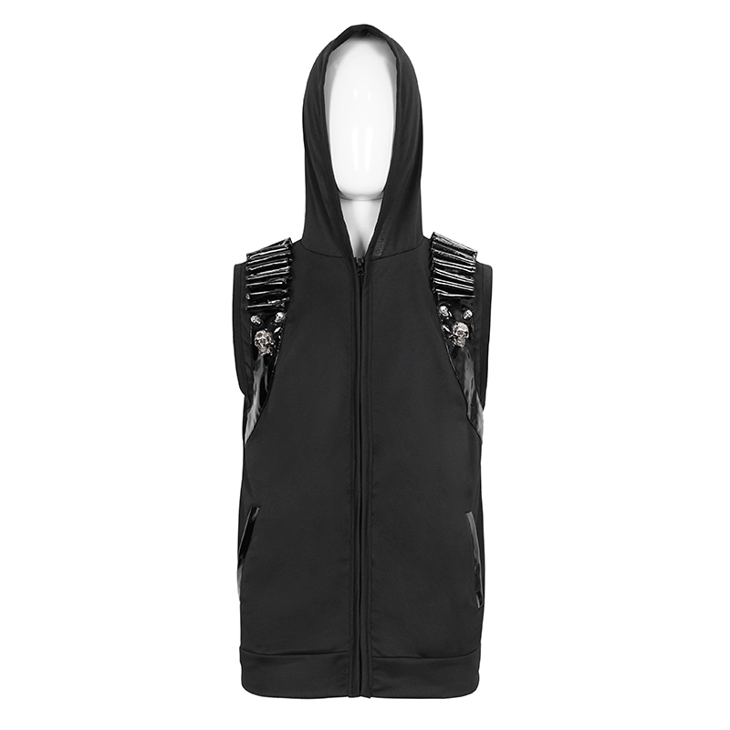 Men's black sleeveless hoodie with patent leather skulls, perfect for gothic fashion enthusiasts.
