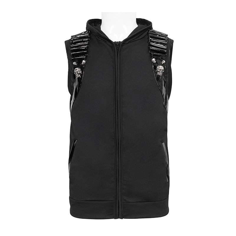 Men's black sleeveless hoodie with skull design and patent leather accents, perfect for gothic fashion enthusiasts.