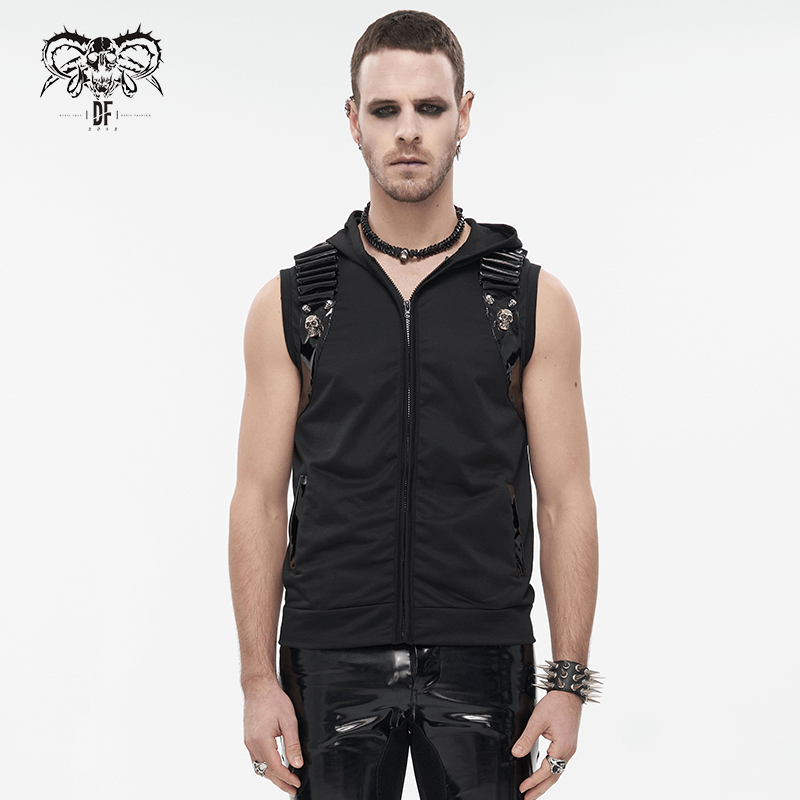 Fashion Men's Black Zipper Sleeveless Hoodie / Gothic Male Clothing with Patent Leather and Skulls