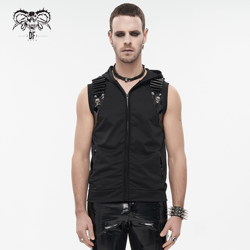 Fashion men's black sleeveless hoodie featuring skull design, gothic style, and patent leather accents.