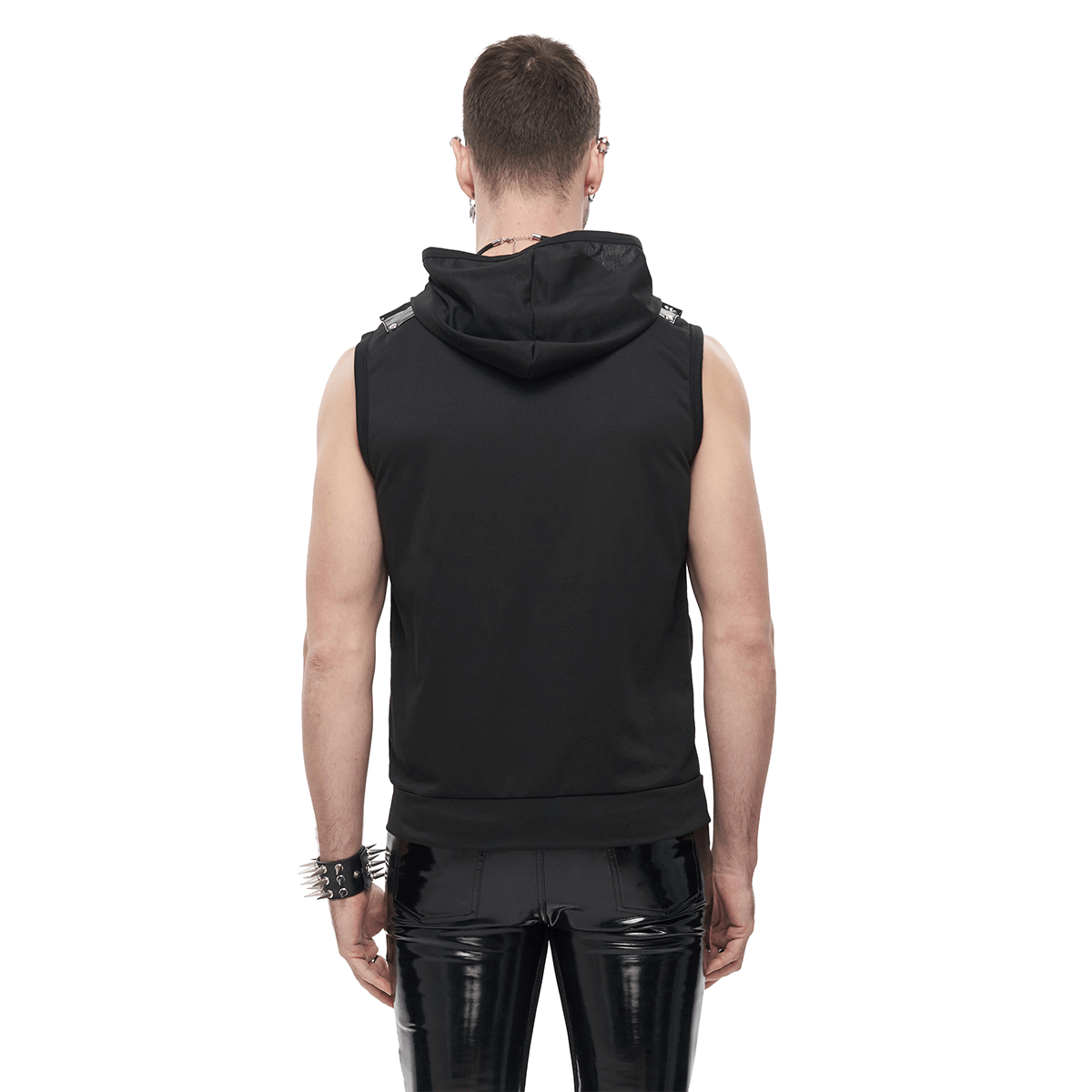 Back view of men's black sleeveless hoodie with gothic design and hood, perfect for stylish gothic fashion.