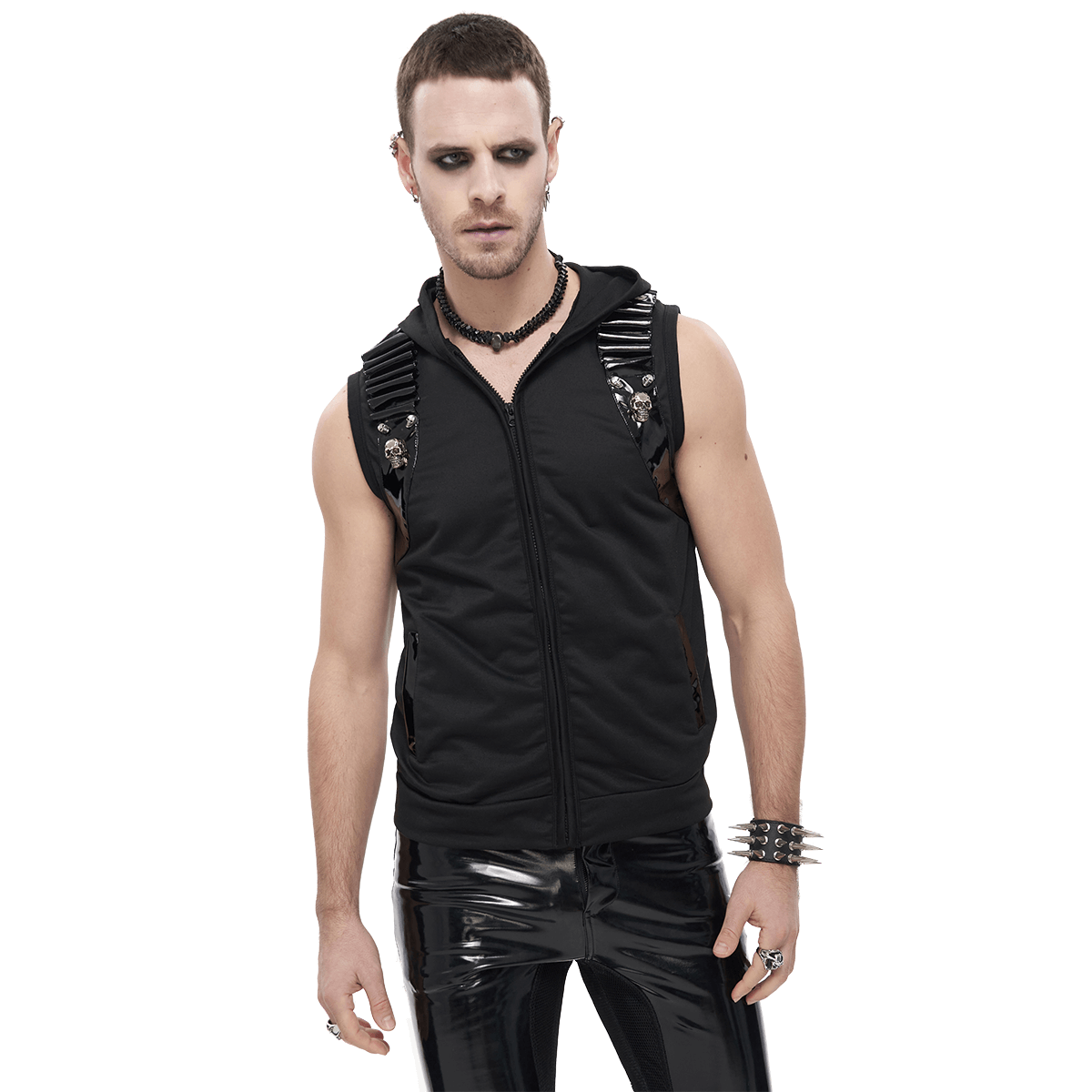 Men's black sleeveless hoodie with skull design, perfect for gothic fashion enthusiasts.