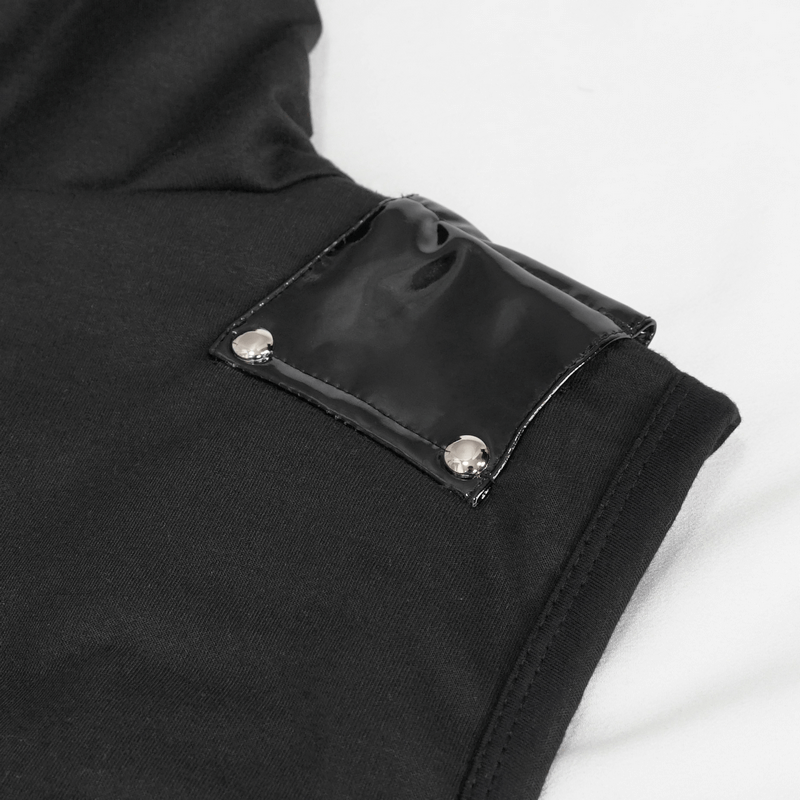Close-up of black sleeveless hoodie detailing with glossy patent leather patch and studs for a gothic look.