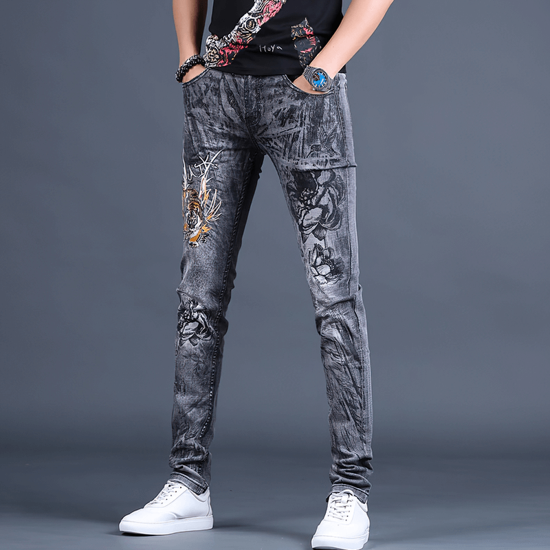Fashion men's embroidery skinny jeans showcasing a stylish casual look with a skinny cut and comfortable stretch material.
