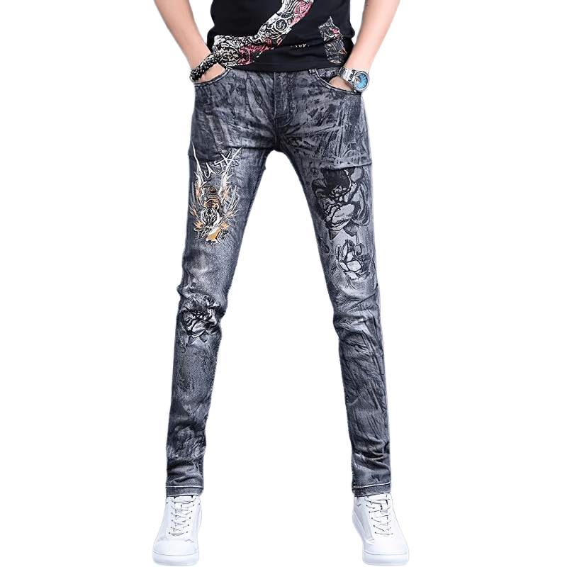 Fashion men's skinny jeans with stylish embroidery, perfect casual denim for a modern look.