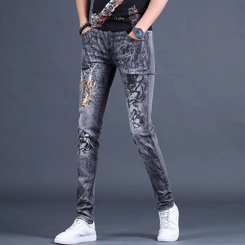 Fashion Men's Embroidery Skinny Jeans / Casual Zipper Stretch Denim Pants