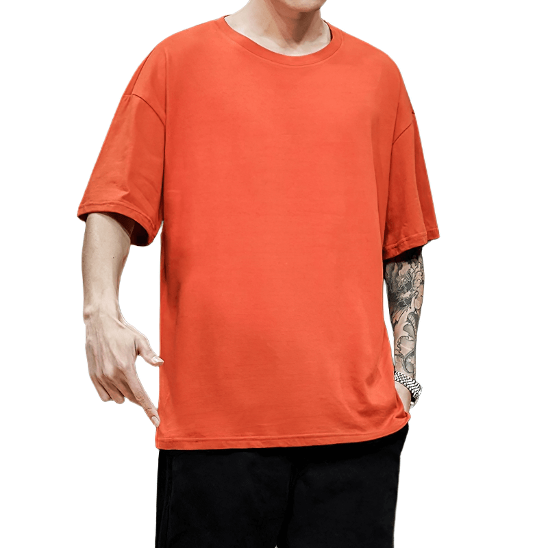 Fashionable men's loose cotton t-shirt in vibrant orange with a relaxed fit and comfortable style.