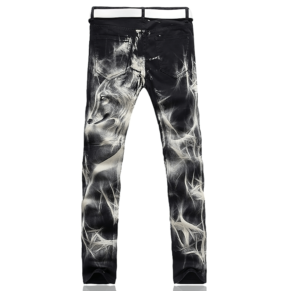 Fashion Men's Wolf Printed Black Jeans / Male Slim Straight Stretch Trousers in Gothic Style