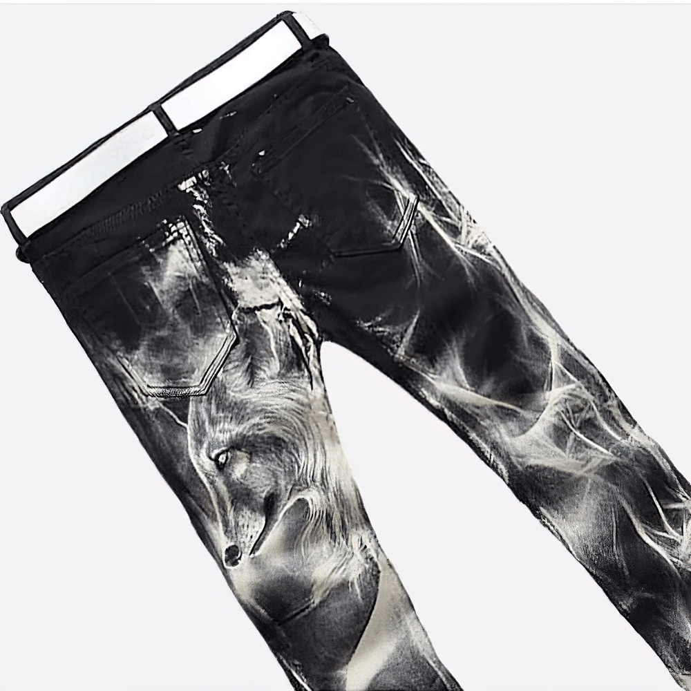 Fashion Men's Wolf Printed Black Jeans / Male Slim Straight Stretch Trousers in Gothic Style