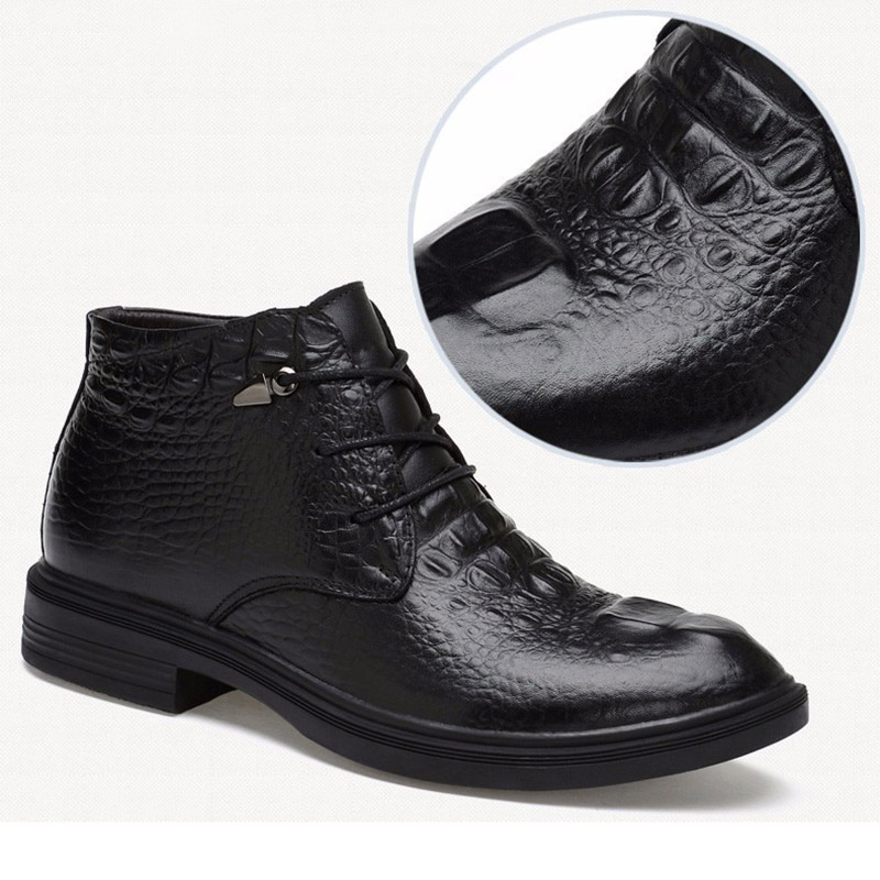 Stylish men's warm genuine leather ankle boots with lace-up design and textured finish.