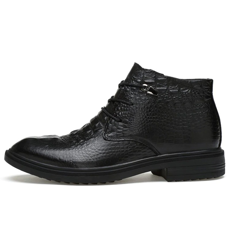 Stylish men's warm genuine leather ankle boots in black with lace-up design and textured finish.
