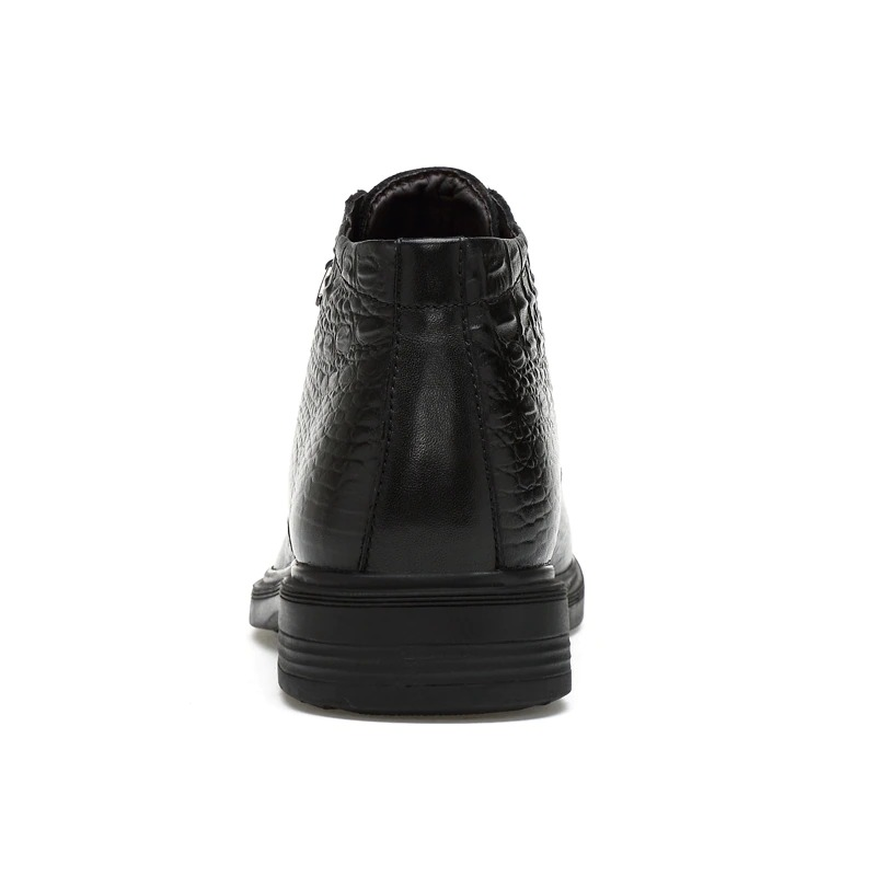 Men's warm genuine leather lace-up boots, stylish black ankle shoes with textured design.