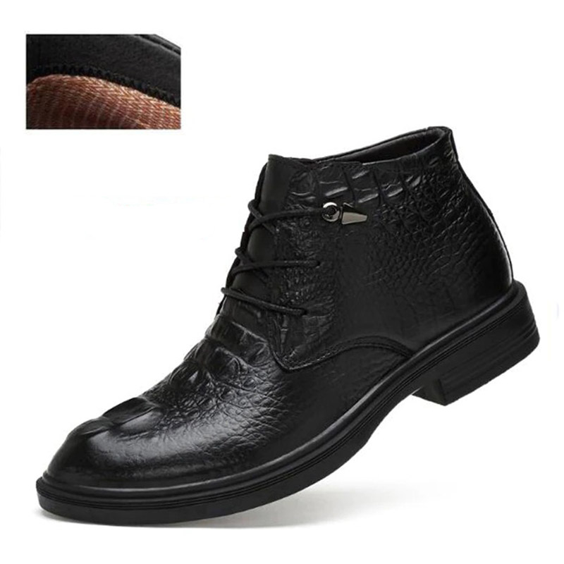 Stylish men's warm genuine leather ankle boots with lace-up design and unique texture, perfect for casual wear.