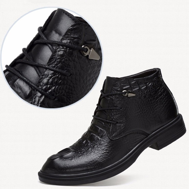 Men's warm genuine leather lace-up ankle boots in black, stylish design with quality finish and comfortable fit.