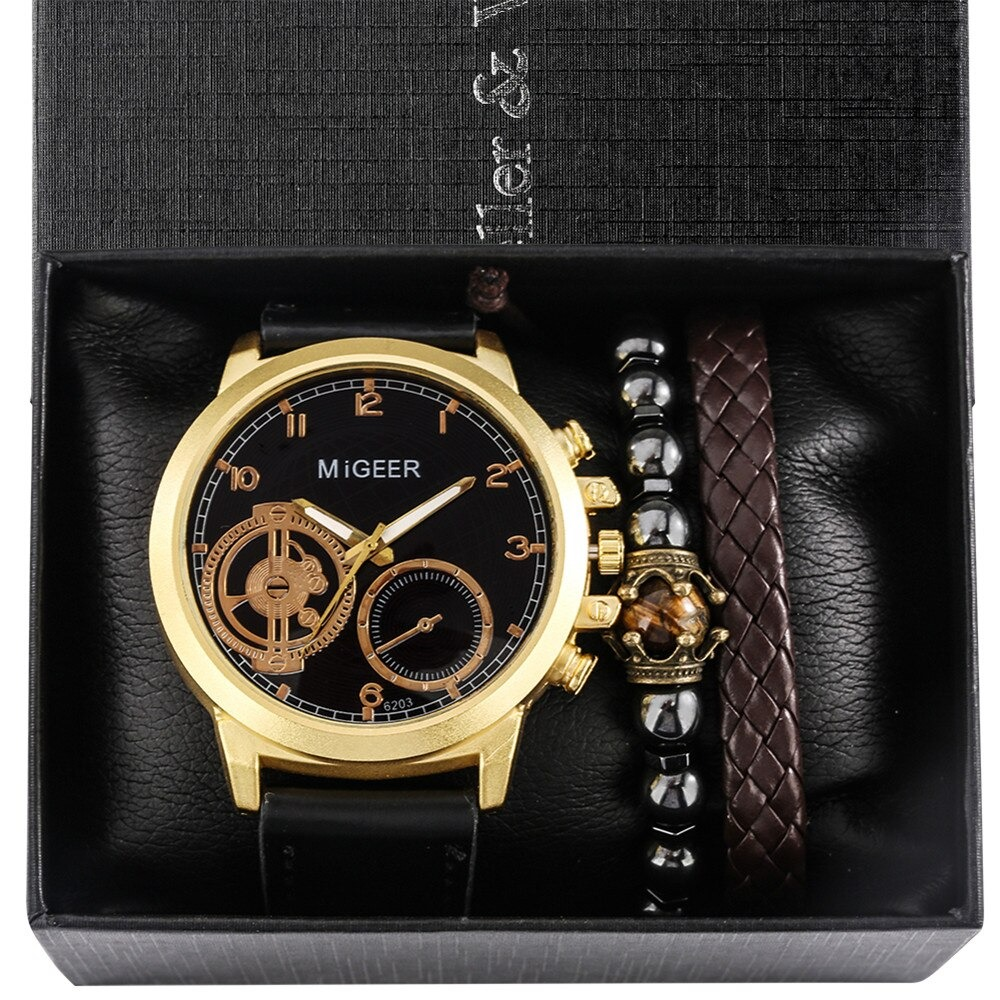Fashion Men Watch and Bracelet 3pcs Set / Luxury Quartz Wrist Watch with Leather Strap - HARD'N'HEAVY