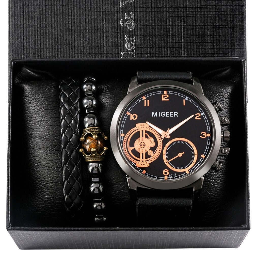 Fashion Men Watch and Bracelet 3pcs Set / Luxury Quartz Wrist Watch with Leather Strap - HARD'N'HEAVY