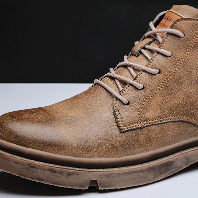 Brown men's ankle leather boots with laces, perfect for casual wear in British style.