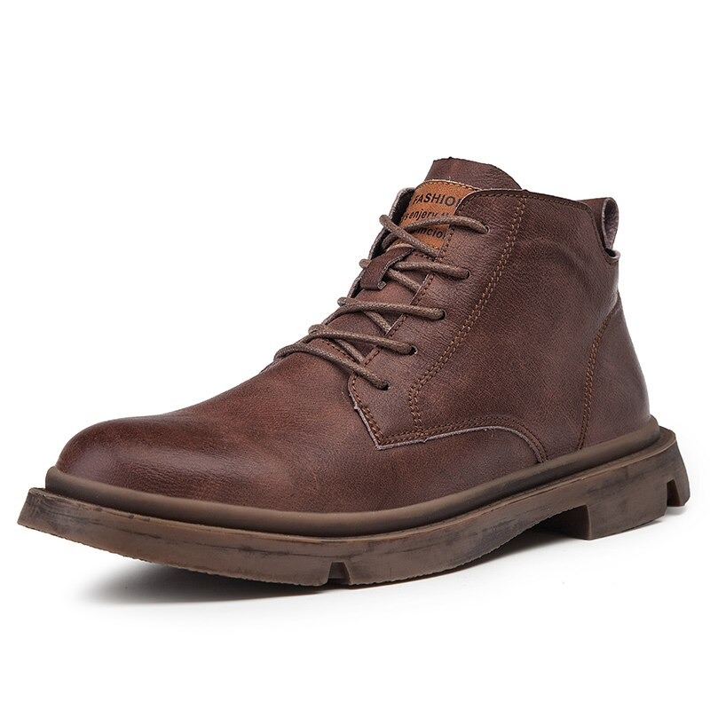 Stylish brown men's ankle leather boots with lace-up design, perfect for casual British style.