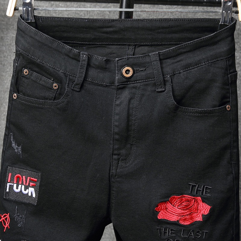 Fashion Men's Black Jeans With Rose Embroidery / Male Stretch Denim Slim Pants - HARD'N'HEAVY
