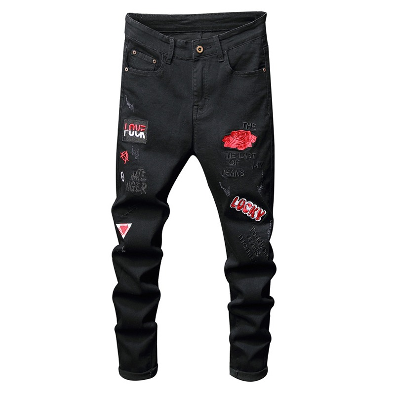 Fashion Men's Black Jeans With Rose Embroidery / Male Stretch Denim Slim Pants - HARD'N'HEAVY